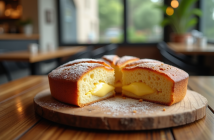 Gâteau basque frais tranché sur une table en bois dans un café lumineux
