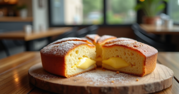 Gâteau basque frais tranché sur une table en bois dans un café lumineux