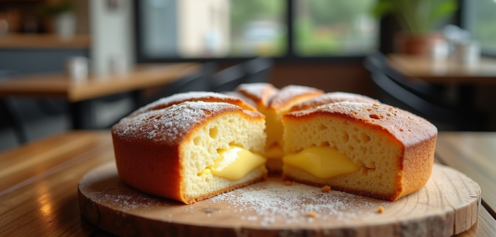 Gâteau basque frais tranché sur une table en bois dans un café lumineux