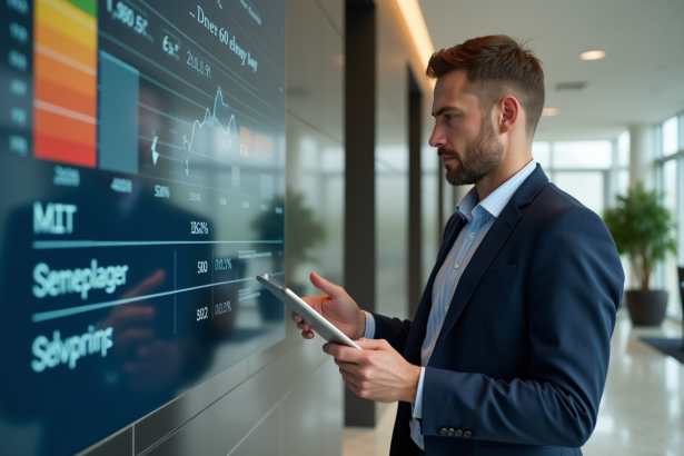 Manager de bâtiment avec tablette dans un hall moderne