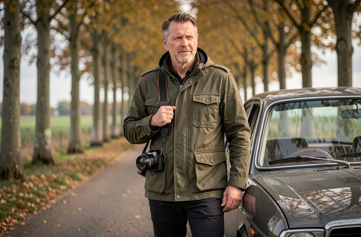 Grégory Udron de UP STORIES posant avec son appareil photo près d'une voiture vintage sur une route vendéenne