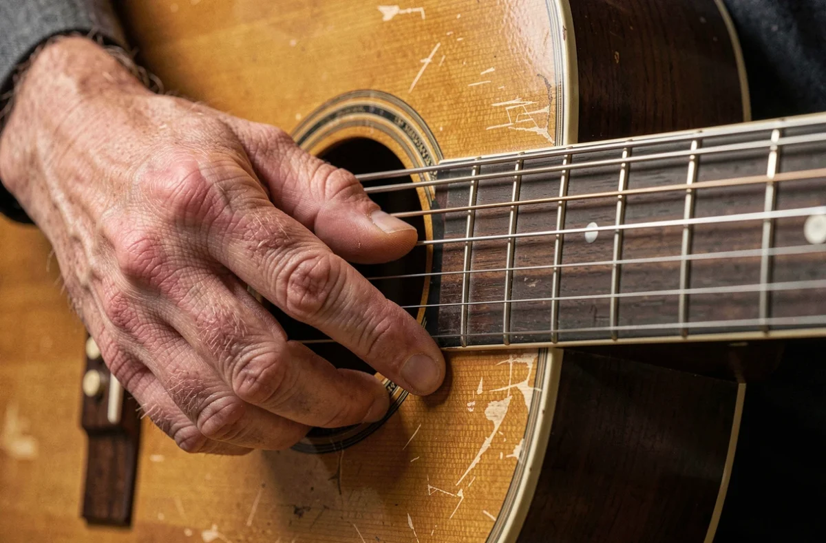 Gros plan sur la main gauche d'un guitariste positionnant les doigts sur les cordes pour former un accord de guitare