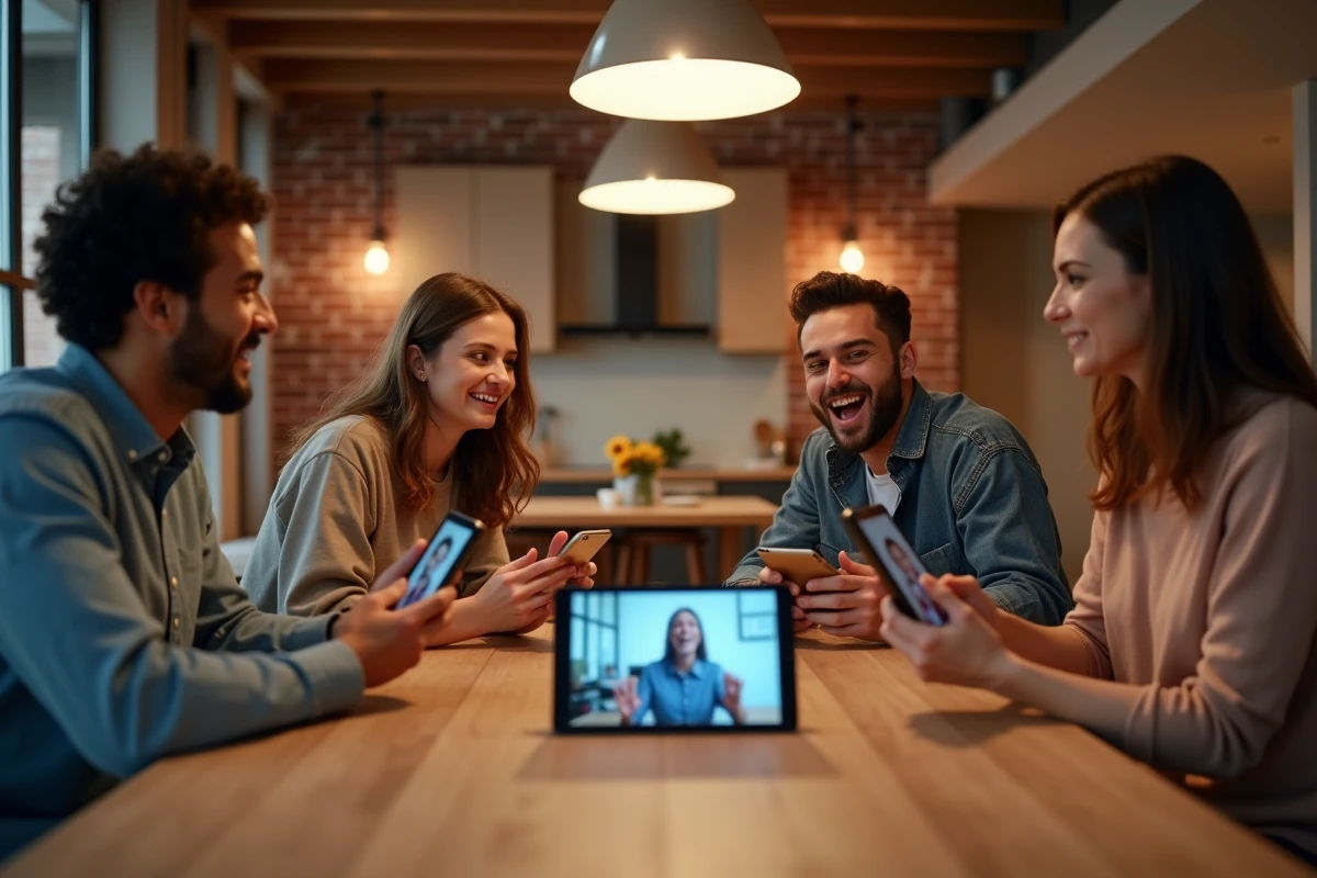 Groupe d'amis adultes animant une soirée à distance avec le jeu du demi cercle autour d'une table dans un appartement moderne