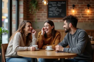 Groupe d'amis hilares autour d'un café, partageant des blagues et riant ensemble dans un café urbain chaleureux