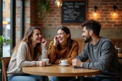 Groupe d'amis hilares autour d'un café, partageant des blagues et riant ensemble dans un café urbain chaleureux