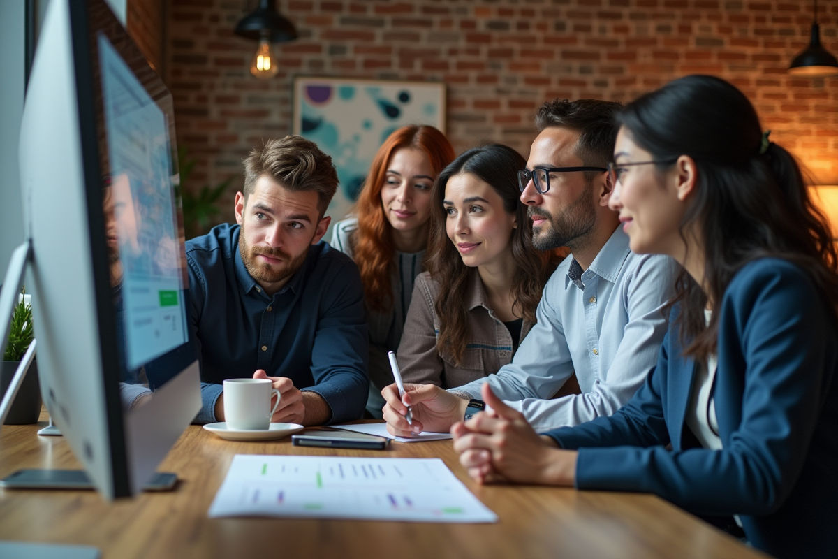 Groupe de professionnels collaborant autour d’un tableau interactif