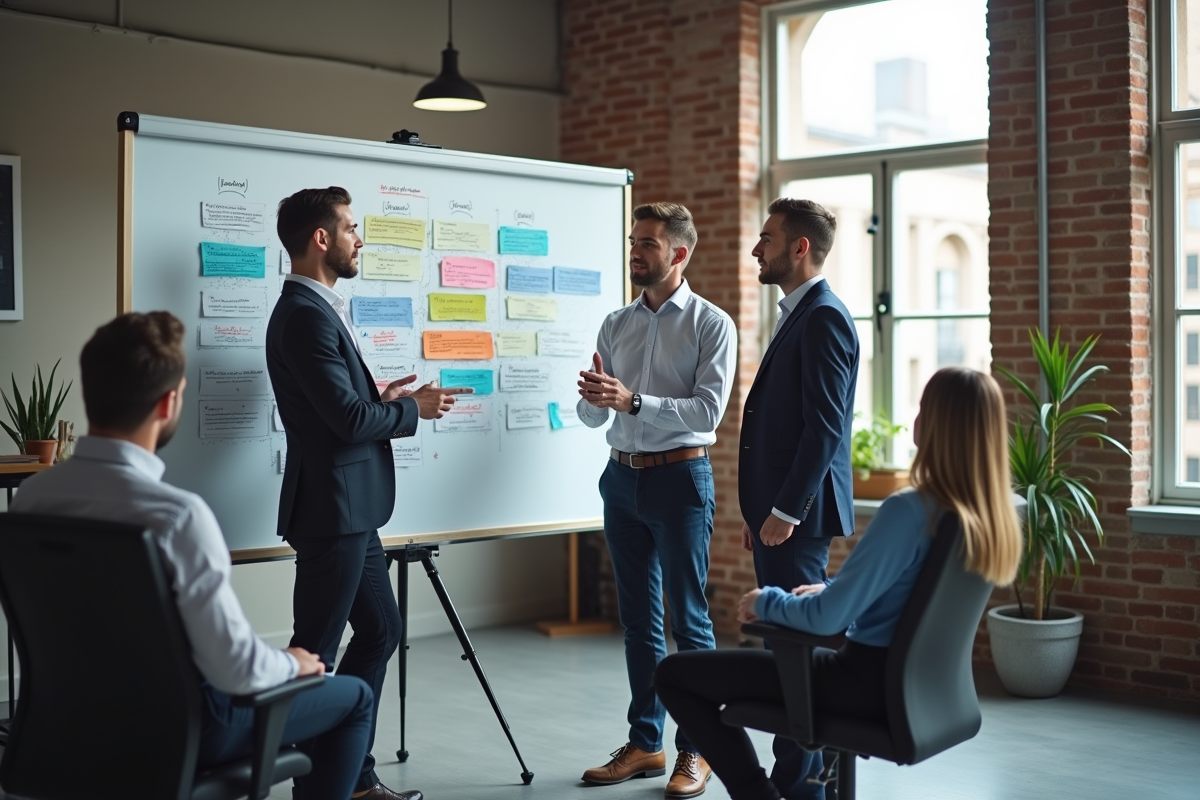 Groupe de professionnels discutant autour d