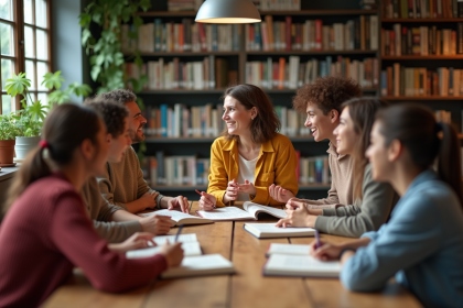 Groupe diversifié de personnes lisant en bibliothèque