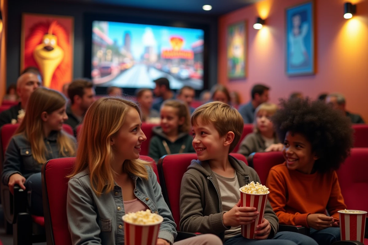 Famille et enfants discutant dans un hall de cinéma lumineux