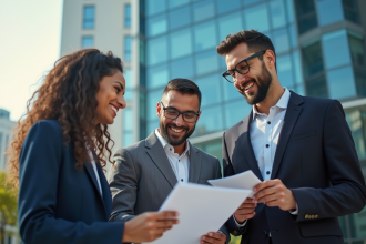 Groupe de professionnels discutant devant une banque moderne