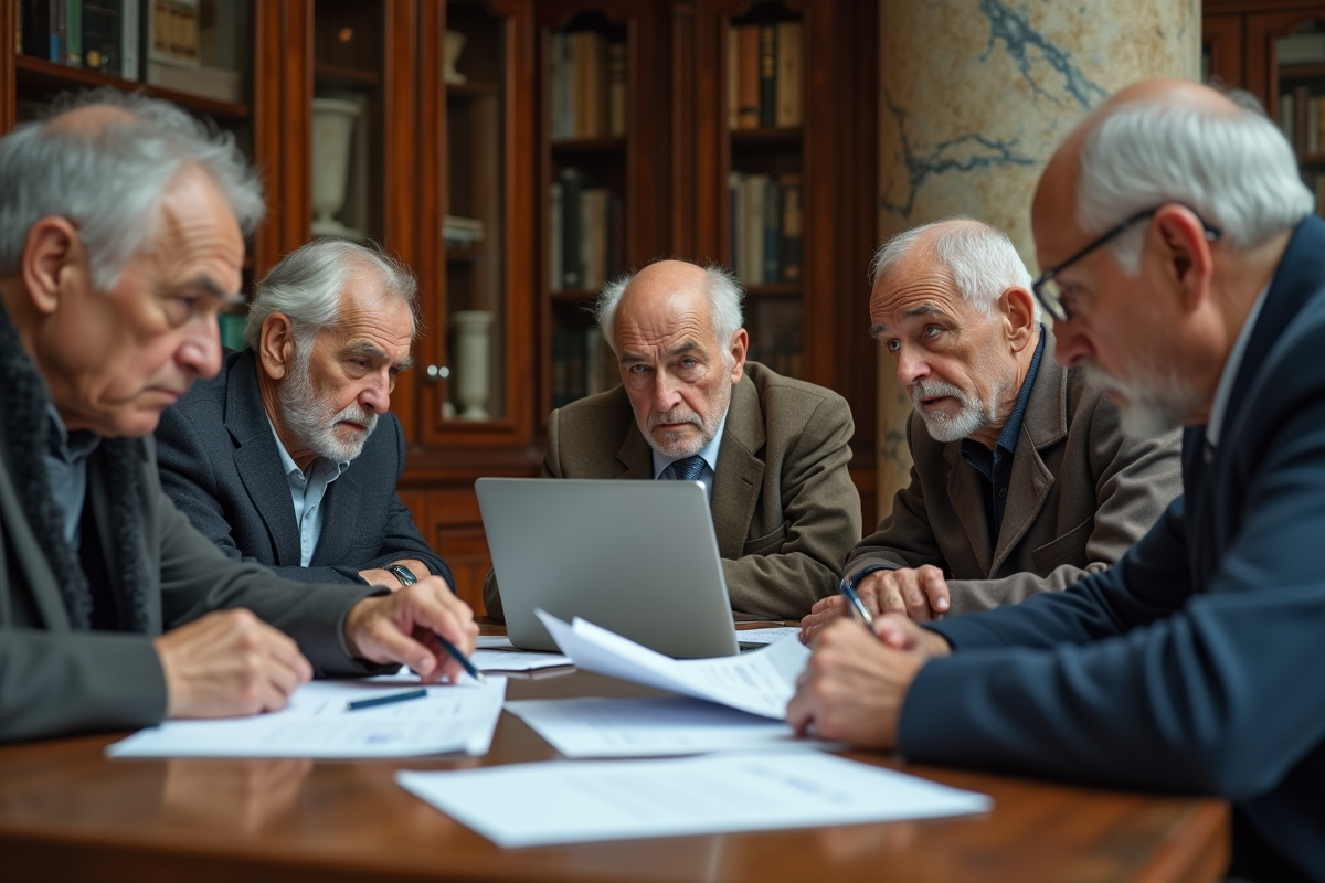 Groupe de seniors examinant papiers dans une banque