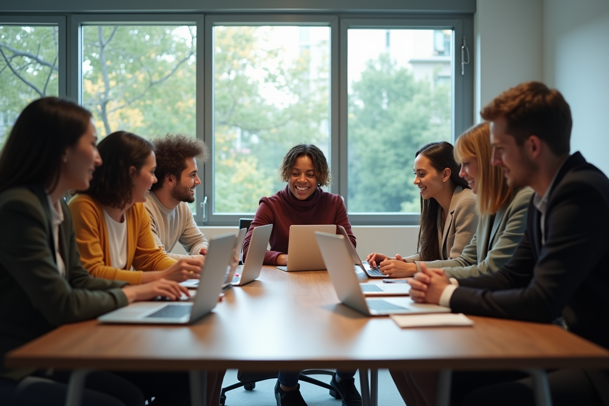 Groupe de jeunes adultes collaborant autour d'une table moderne