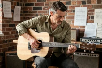 Guitariste adulte jouant les accords de Mistral Gagnant sur une guitare acoustique dreadnought dans un studio maison rustique