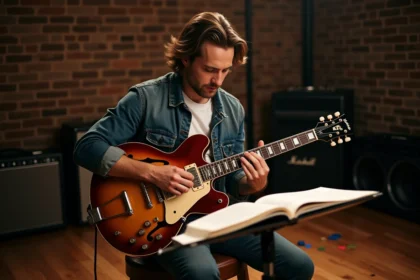Guitariste adulte jouant de la guitare électrique sunburst en studio avec partition de Let It Be sur pupitre