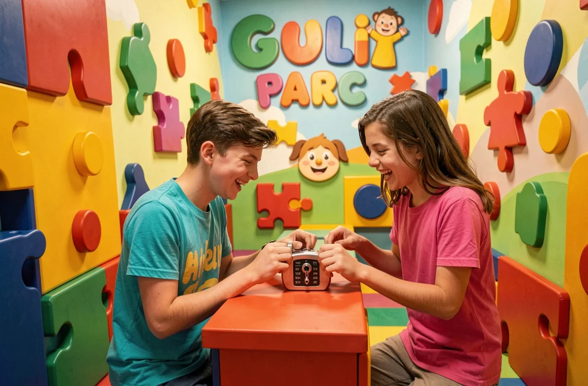 Jeunes joueurs s'amusant dans la salle d'escape game colorée et familiale de Gulli Parc à Bry-sur-Marne
