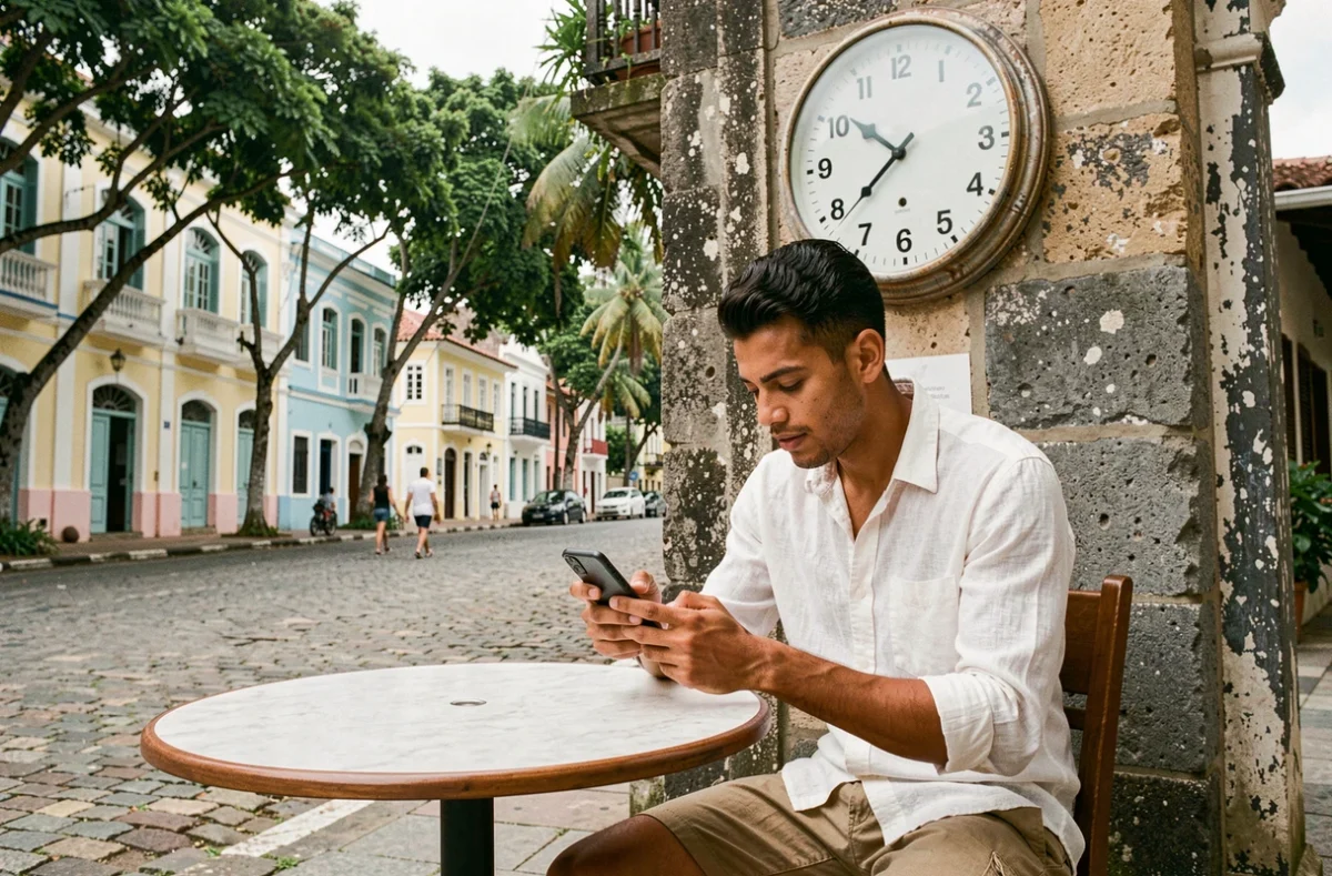 Homme créole consultant l'heure sur son téléphone face à une horloge publique dans le centre-ville de Cayenne en Guyane française