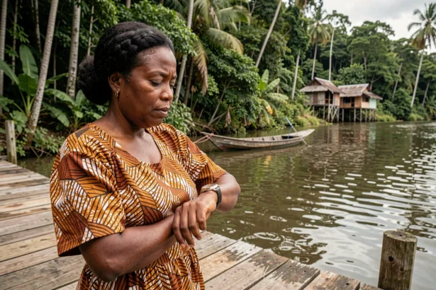 Femme guyanaise en robe madras regardant sa montre sur un ponton au bord du fleuve Maroni en Guyane française