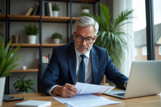 Homme d'affaires en costume lisant des documents de prêt immobilier