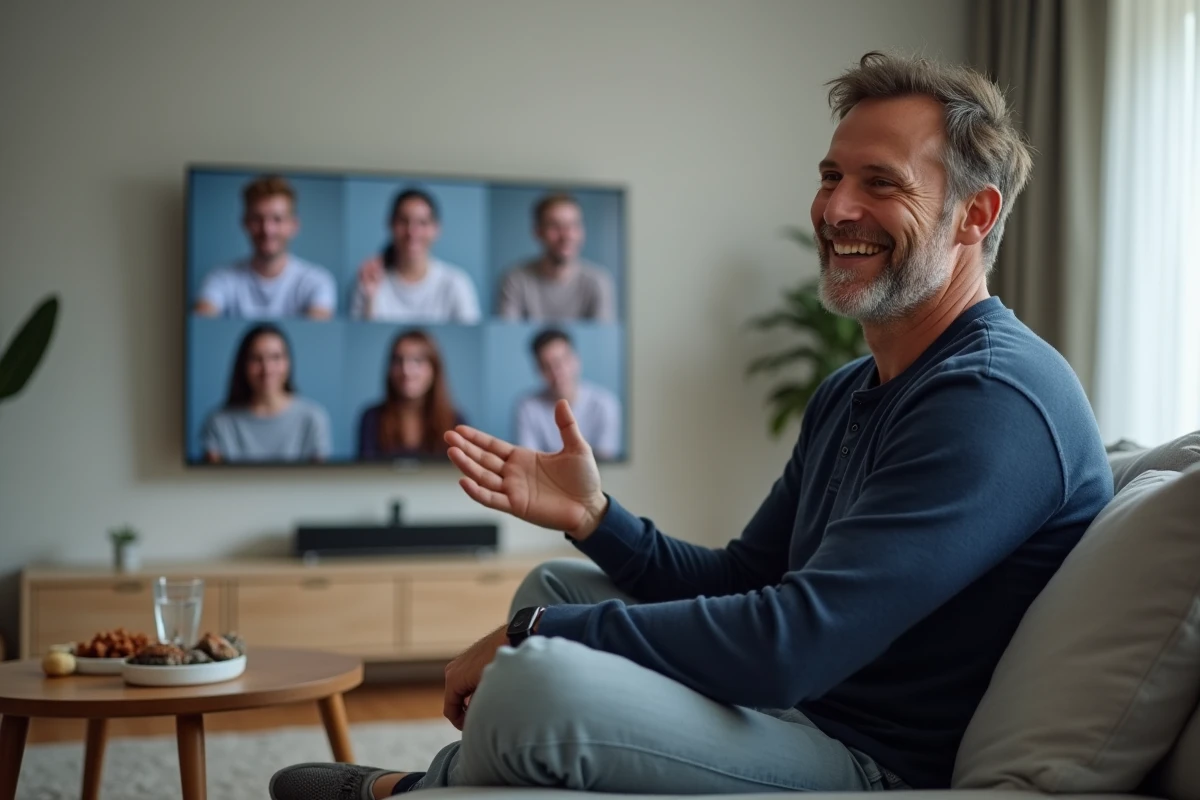 Homme animant une soirée jeu du demi cercle en ligne depuis son salon avec ses amis connectés sur grand écran télévision