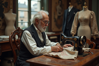 Homme age en atelier couture parisien detail tissu