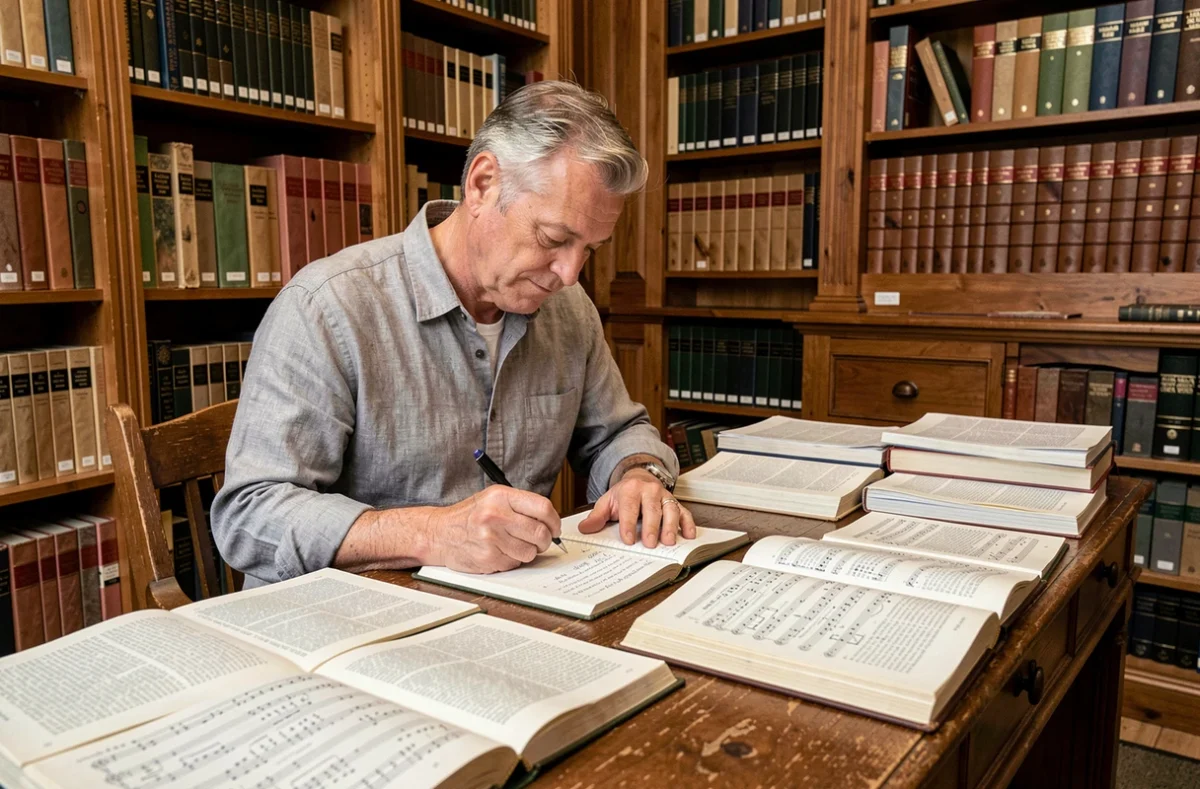 Homme consultant des ouvrages de référence sur les chants religieux pour compléter une grille de mots fléchés