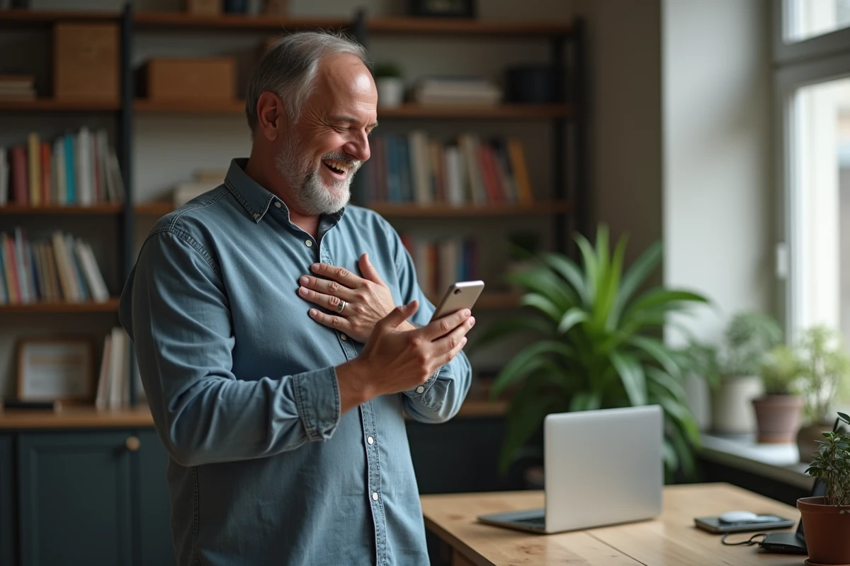 Homme souriant en train de lire une blague sur son smartphone dans un bureau à domicile moderne