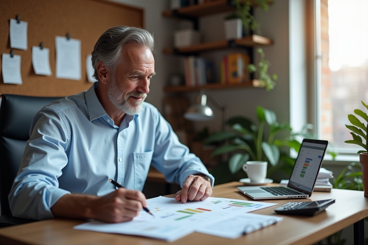 Homme planifiant son budget avec ordinateur et papiers