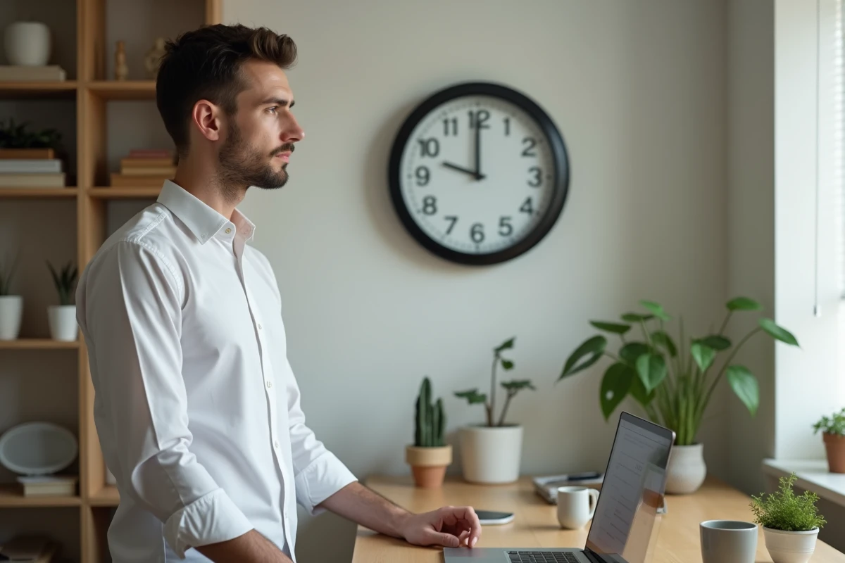 Jeune homme regardant une horloge dans son bureau à 18h18