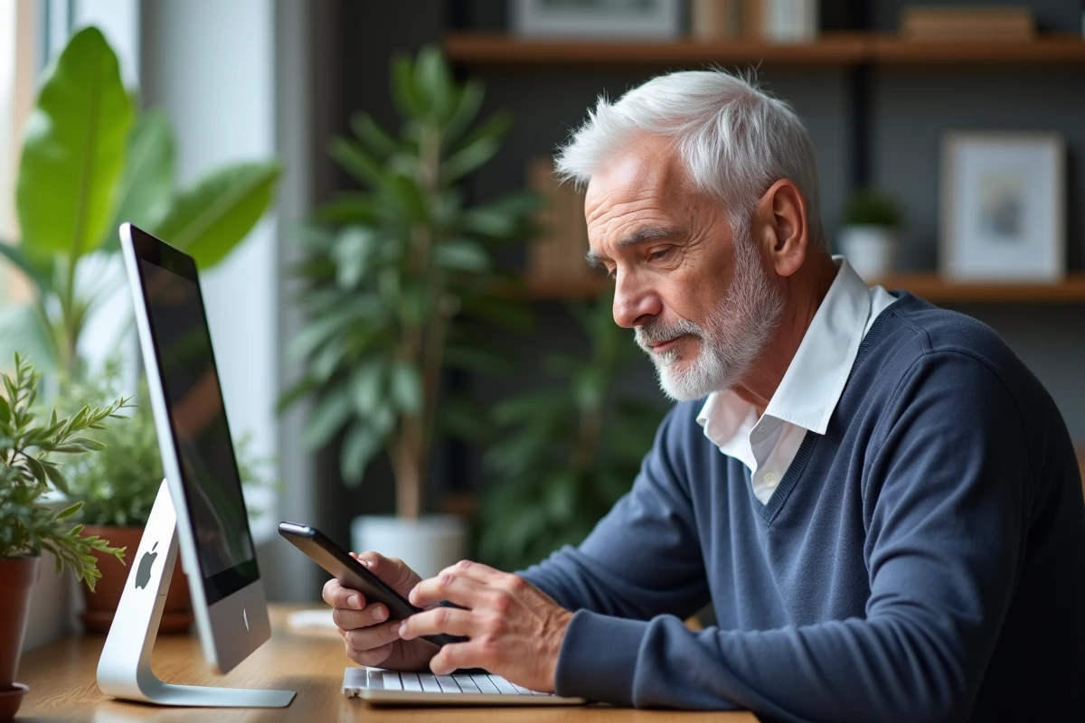 Homme âgé en bureau contemporain utilisant un smartphone