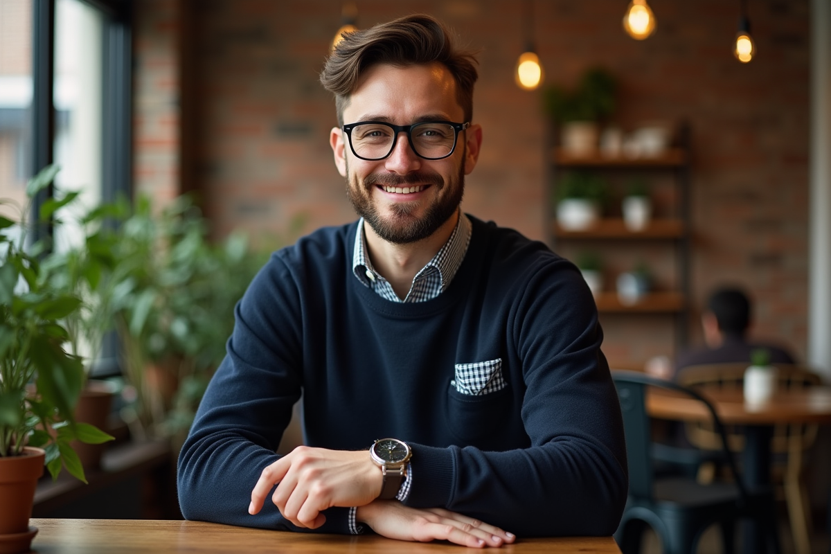 Homme souriant en café ajustant sa montre en intérieur