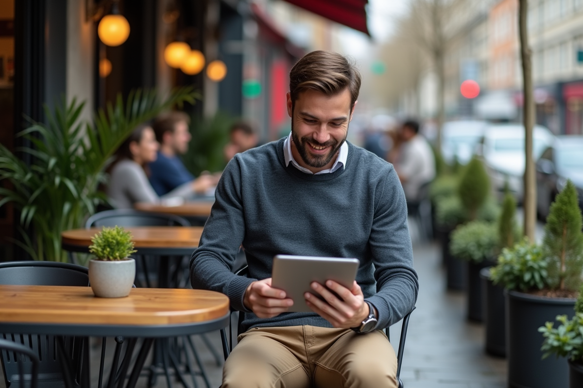 Homme en pull et chinos utilisant une tablette en terrasse de café
