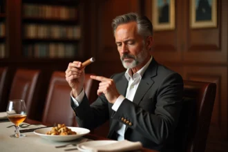 Homme élégant en costume examinant un cigare après un repas dans une salle à manger privée raffinée
