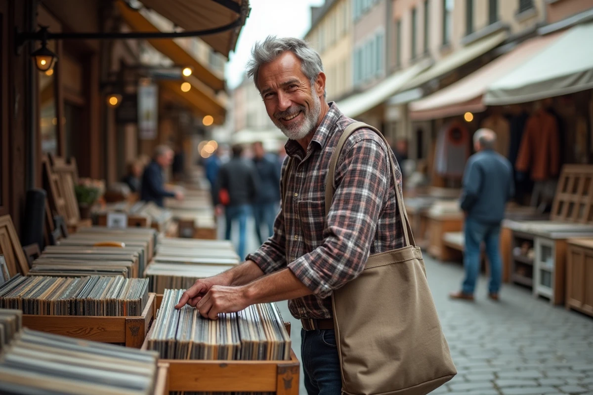 Homme fouillant des disques vinyles dans une caisse en bois lors d'une braderie de quartier