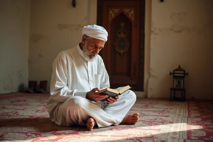 Homme âgé en djellaba récitant le Quran dans une mosquée