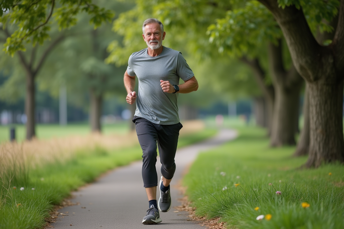 Homme courant dans un parc en tenue décontractée