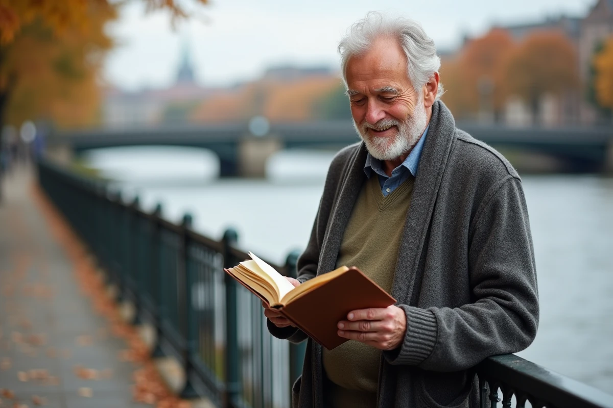 Homme âgé lisant un journal au bord de la rivière pour l