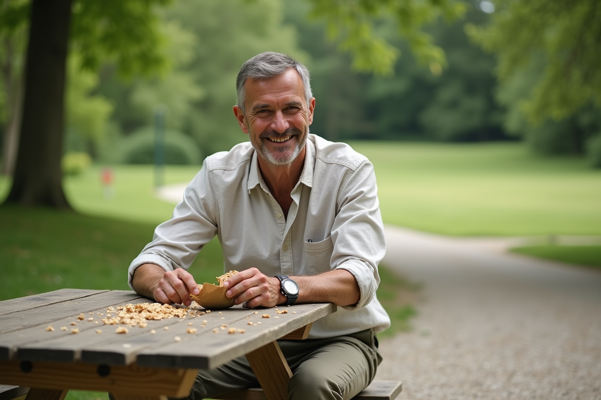 Homme savoure une barre de céréales dans un parc en plein air