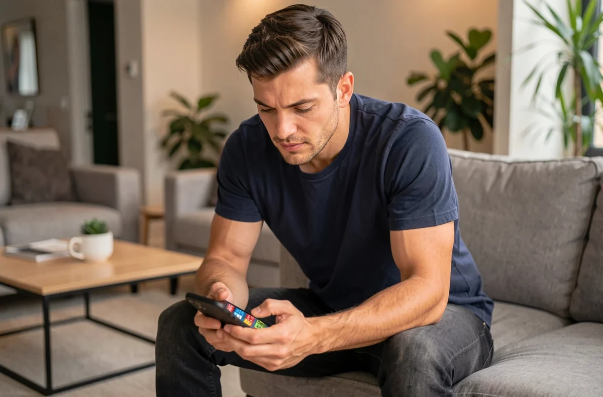 Homme utilisant une application de dés gratuits pour Monopoly GO sur canapé dans un appartement moderne