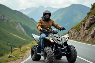 Homme confiant en quad dans paysage montagnard