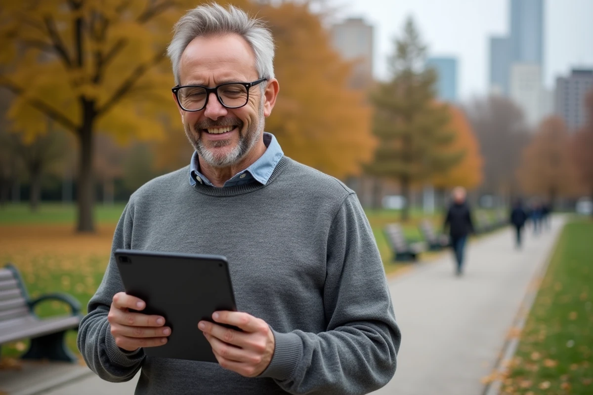 Homme souriant utilisant une tablette pour un quiz de français en plein air