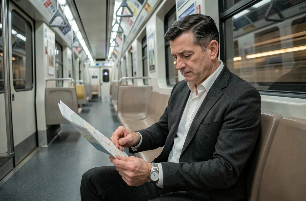 Homme en costume consultant un plan de la ligne 14 et sa montre à l'intérieur d'une rame de métro automatique