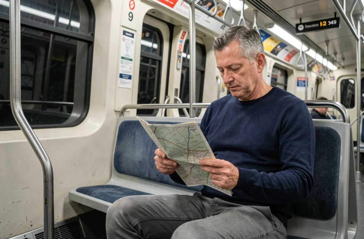 Homme lisant une carte dans une rame presque vide de la ligne 9 du métro parisien, itinéraire alternatif aux heures de pointe