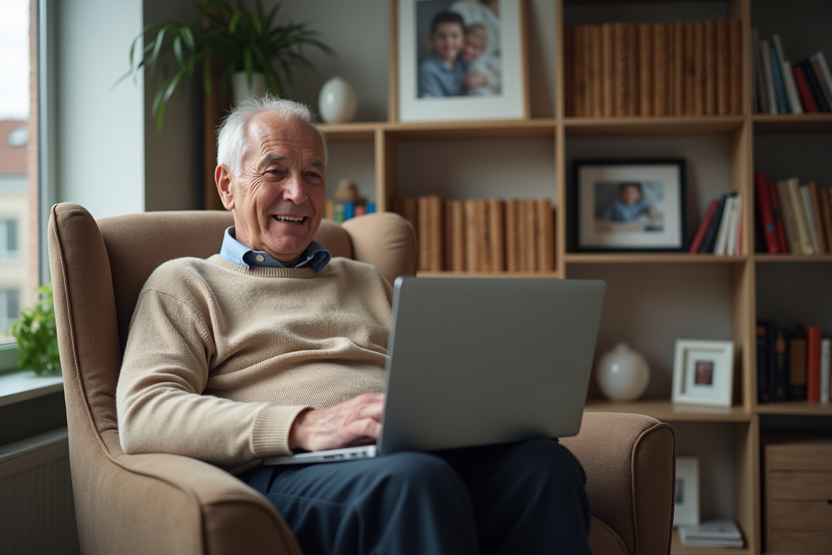 Homme retraité utilisant son ordinateur dans un salon cosy