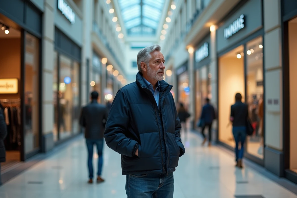 Homme faisant du shopping à l'intérieur du centre commercial de la Tour Montparnasse à Paris