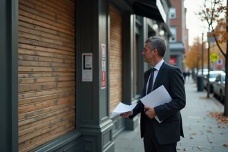 Homme d'âge moyen en costume sombre devant une banque fermée