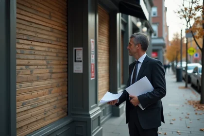 Homme d'âge moyen en costume sombre devant une banque fermée