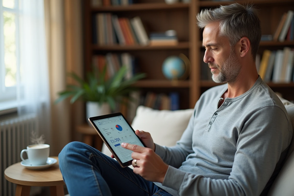 Homme consultant le site journeesmondiales.fr sur une tablette depuis son bureau à domicile pour trouver des idées d'animations et de contenus