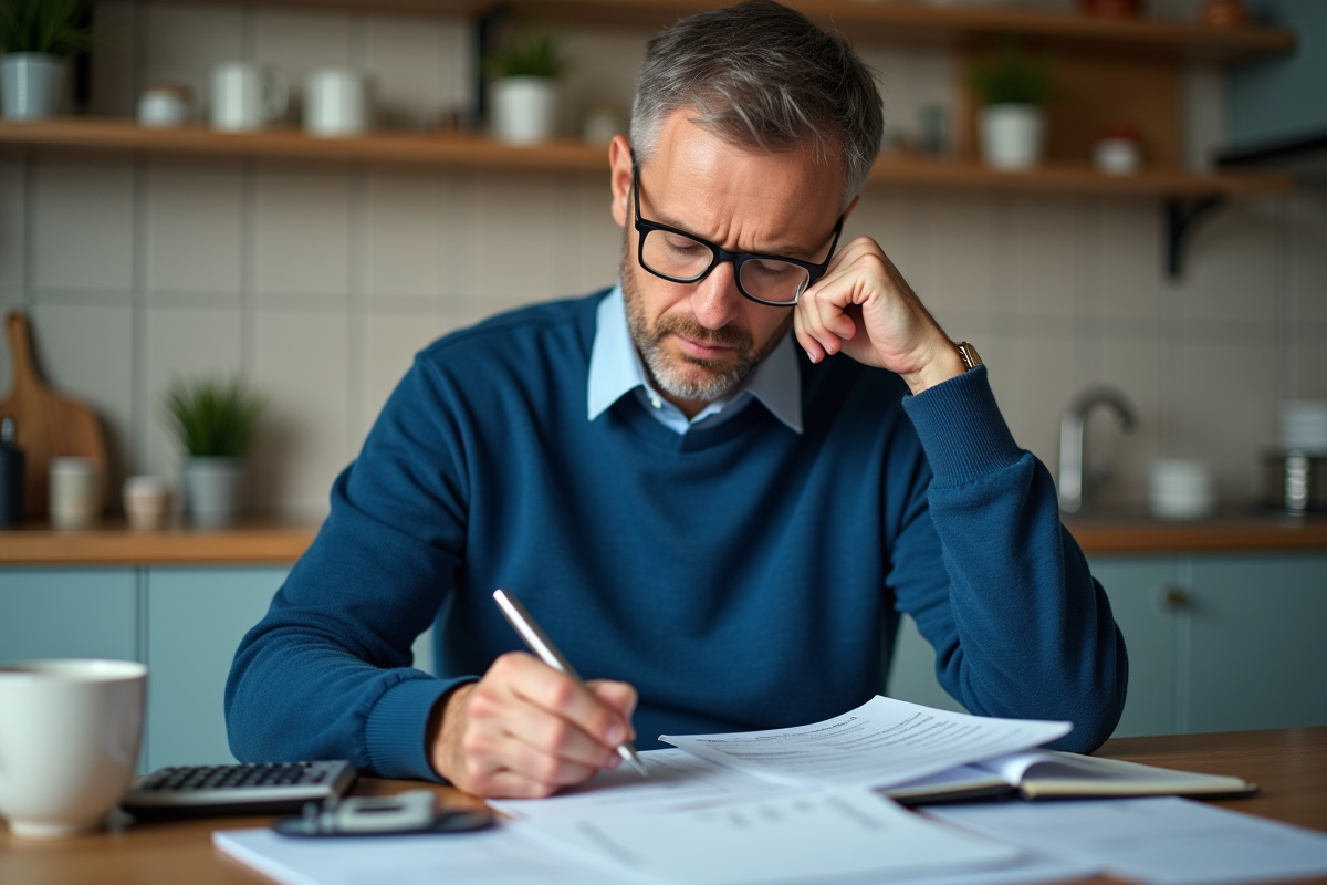 Homme en télétravail note ses dépenses dans la cuisine