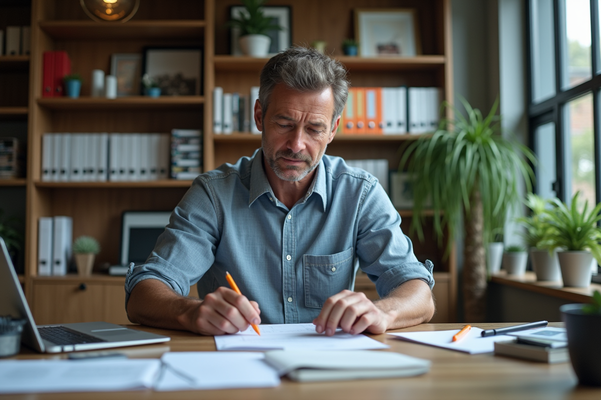 Homme triant des dossiers dans un bureau moderne bien rangé
