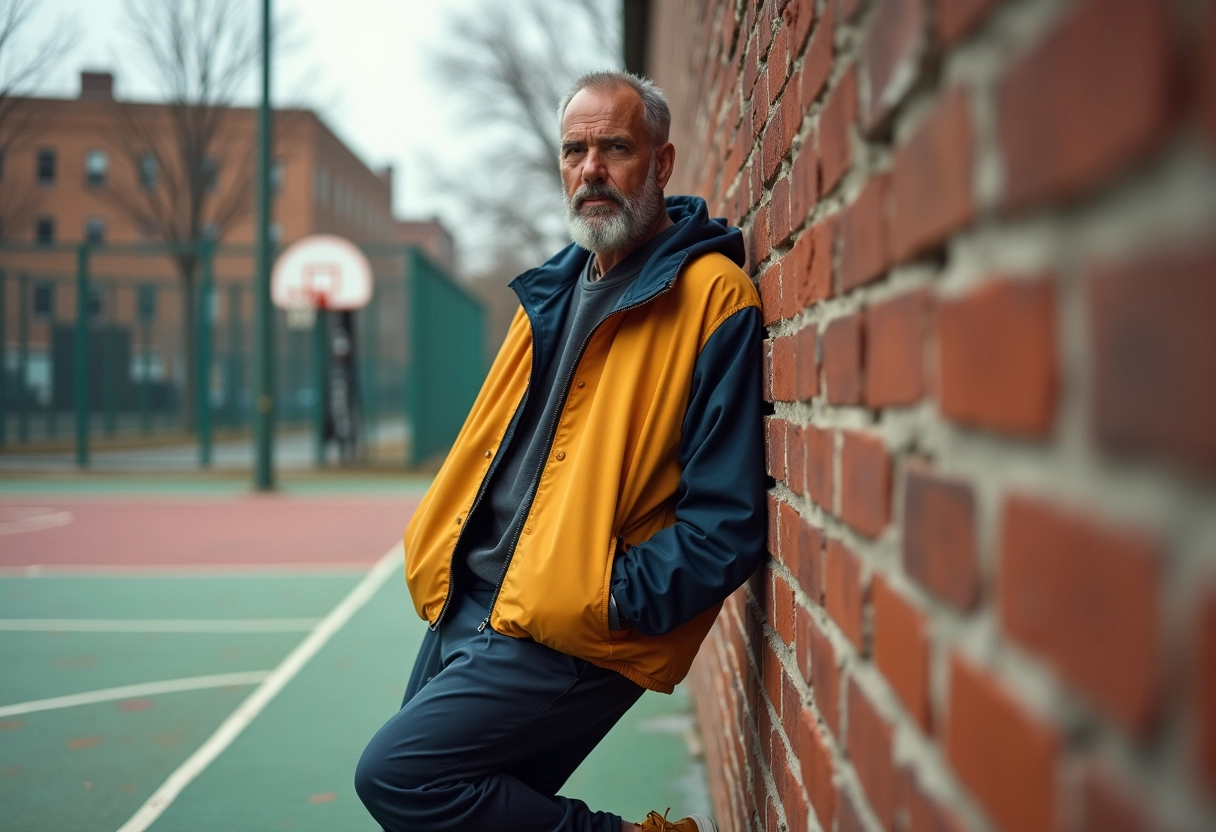 Homme en streetwear vintage près du terrain de basket